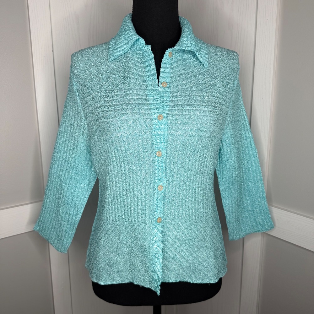 Analogy Button Up Shirt Womens Petite Medium Blue Textured Crinkle Stretch